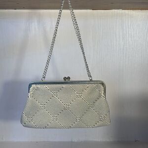 Vintage  Hand Beaded Clutch Purse Silver Kiss Lock Handbag Evening Bag